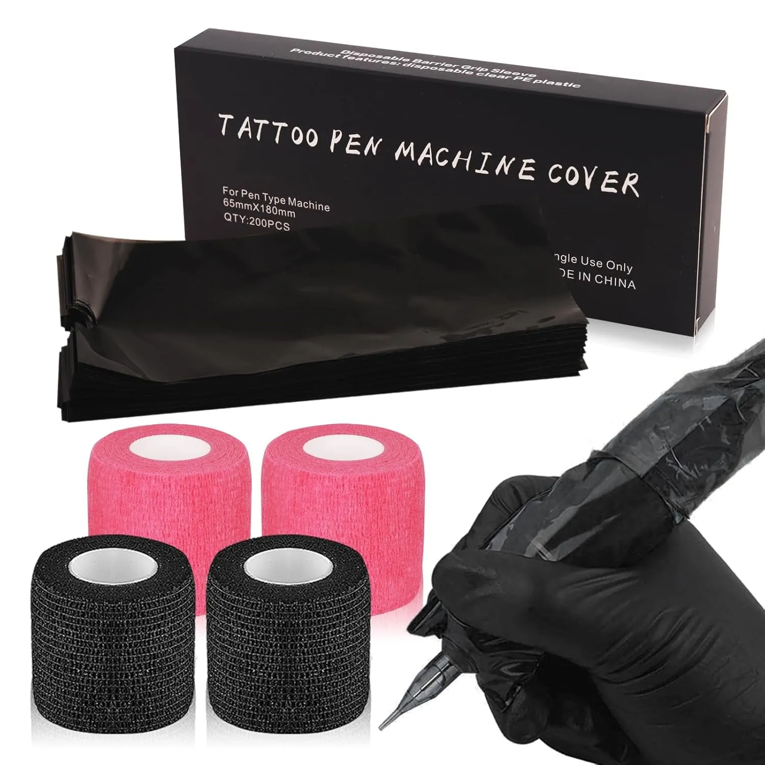 Tattoo Machine Pen Covers with Grip Tape Wrap -  200Pcs Large Tattoo Machine Covers Pink Tattoo Pen Bags Covers and 4Pcs Tattoo Machine Tape Grip Wrap Self-Adhesive Tape Tattoo Supplies