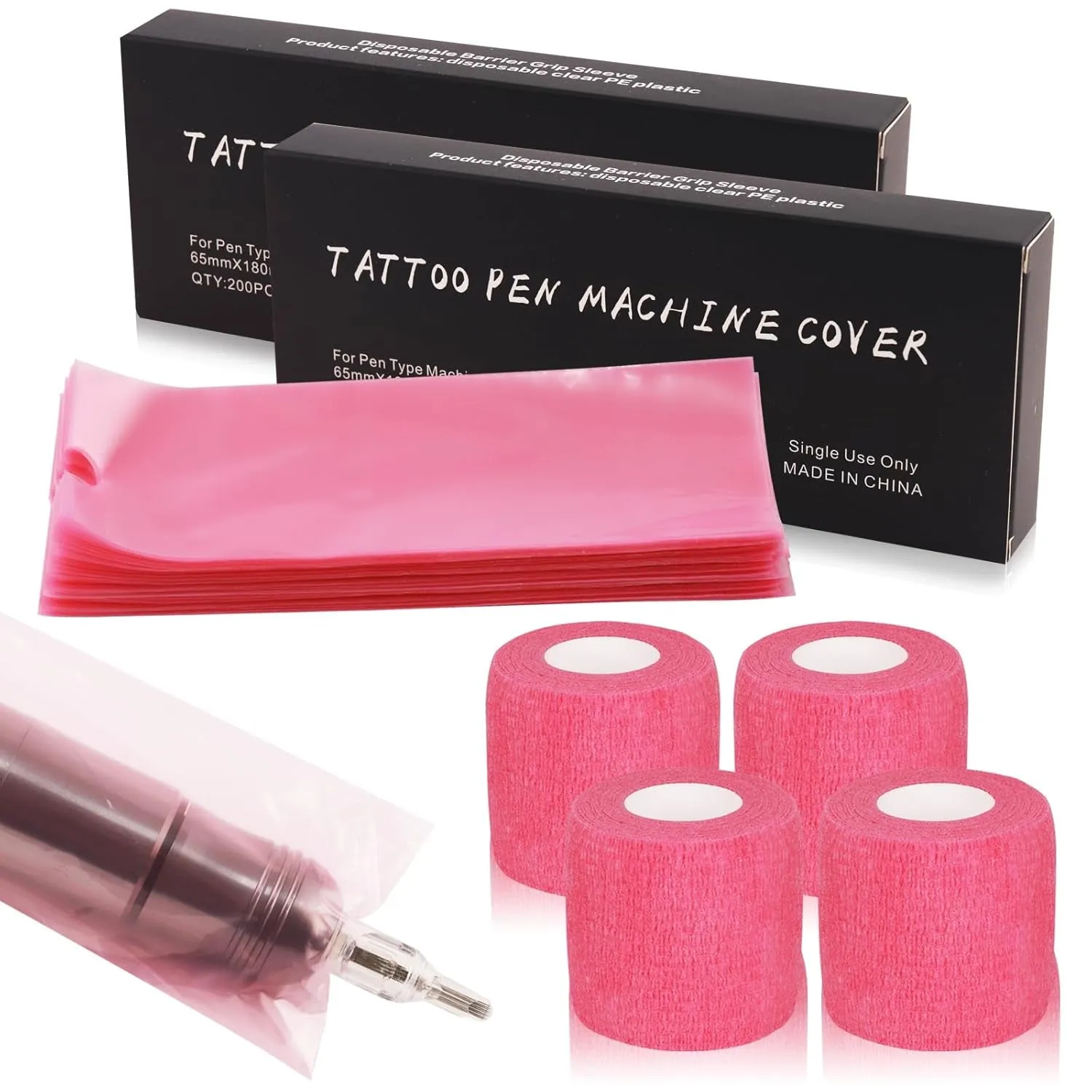 Tattoo Machine Pen Covers with Grip Tape Wrap -  200Pcs Large Tattoo Machine Covers Pink Tattoo Pen Bags Covers and 4Pcs Tattoo Machine Tape Grip Wrap Self-Adhesive Tape Tattoo Supplies