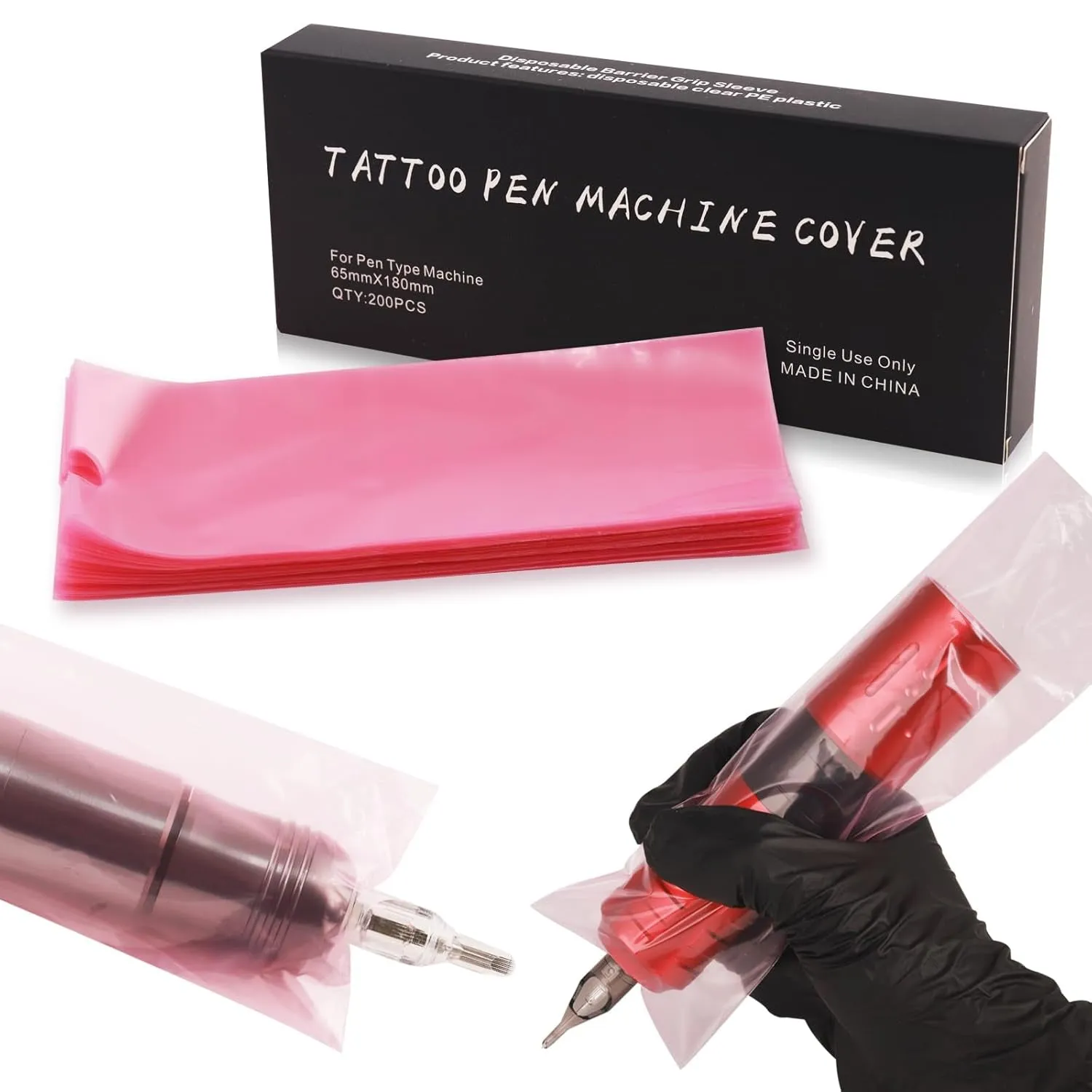 Tattoo Machine Pen Covers with Grip Tape Wrap -  200Pcs Large Tattoo Machine Covers Pink Tattoo Pen Bags Covers and 4Pcs Tattoo Machine Tape Grip Wrap Self-Adhesive Tape Tattoo Supplies