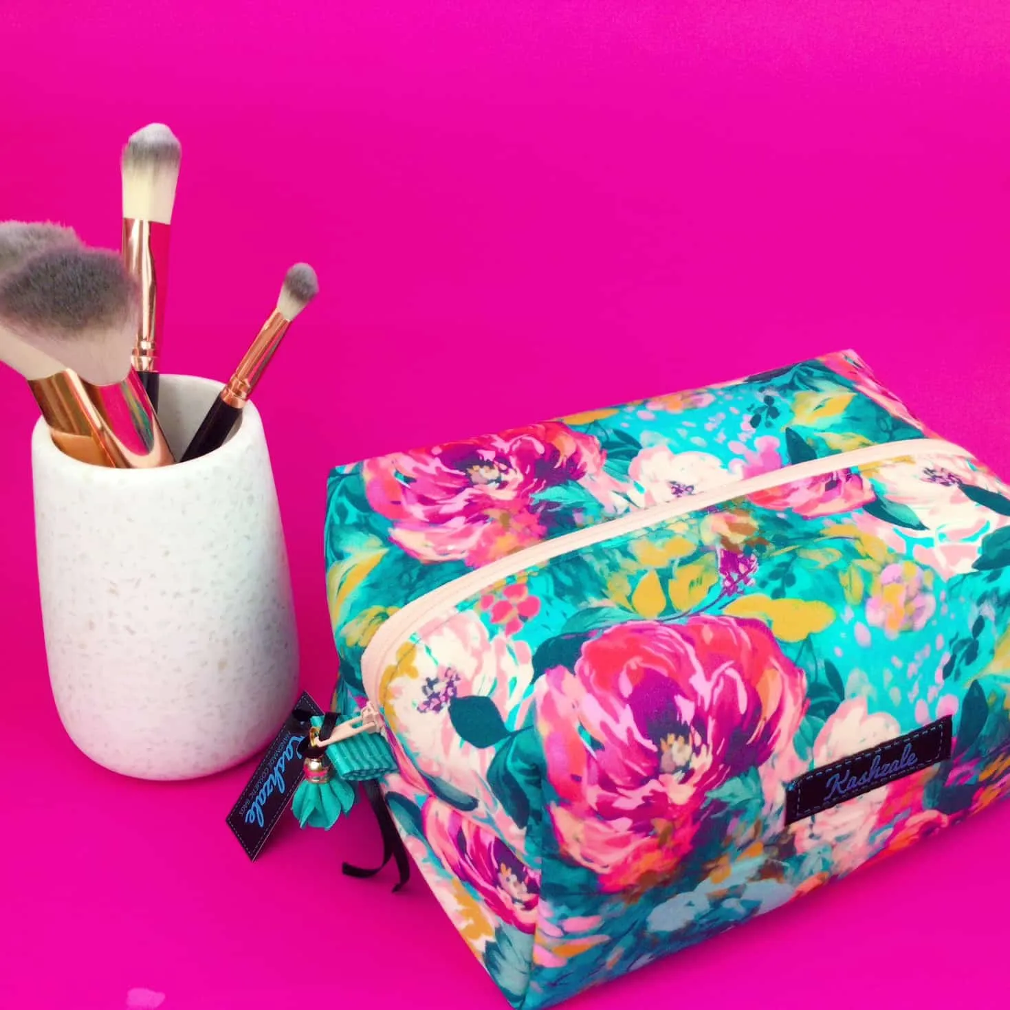 Teal and Pink Floral Large Box Cosmetic Bag.