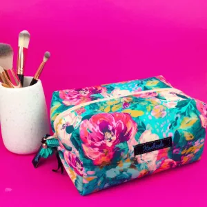 Teal and Pink Floral Large Box Cosmetic Bag.