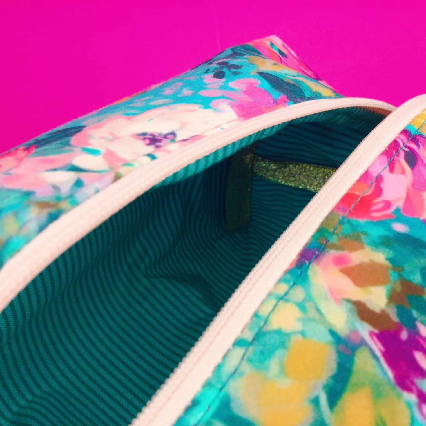 Teal and Pink Floral Large Box Cosmetic Bag.
