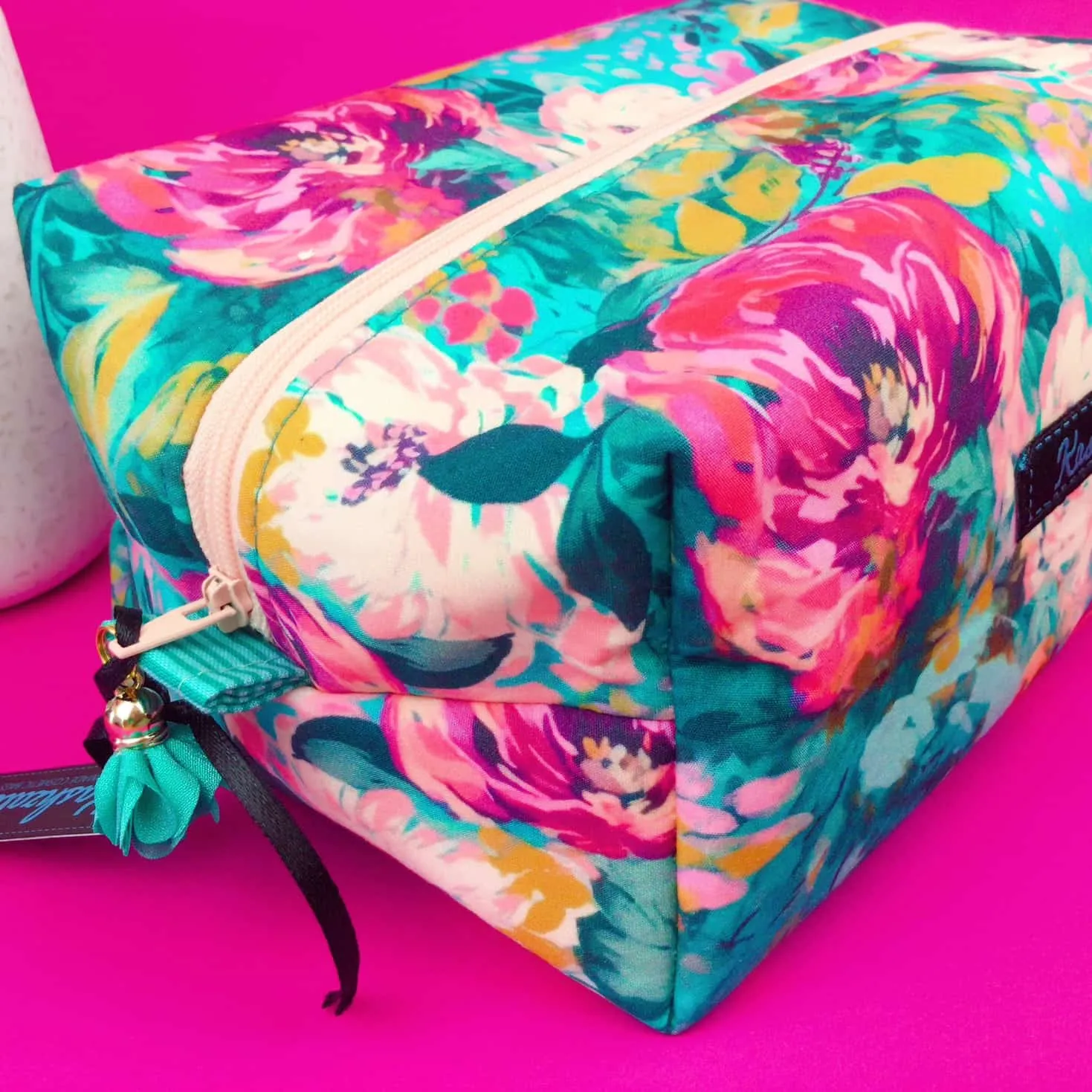 Teal and Pink Floral Large Box Cosmetic Bag.