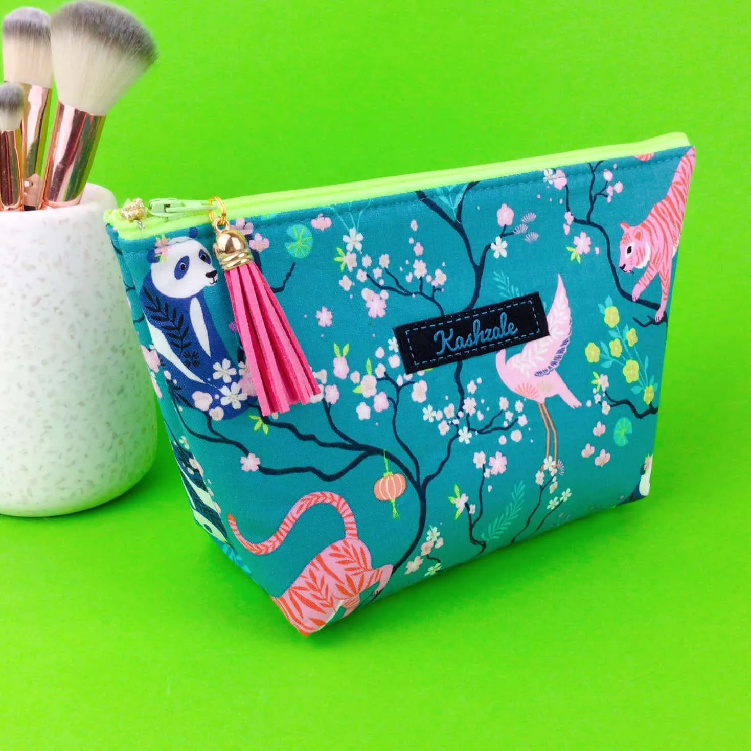 Teal Pandas and Tigers Medium Cosmetic Bag. Teal Cosmetic Bags