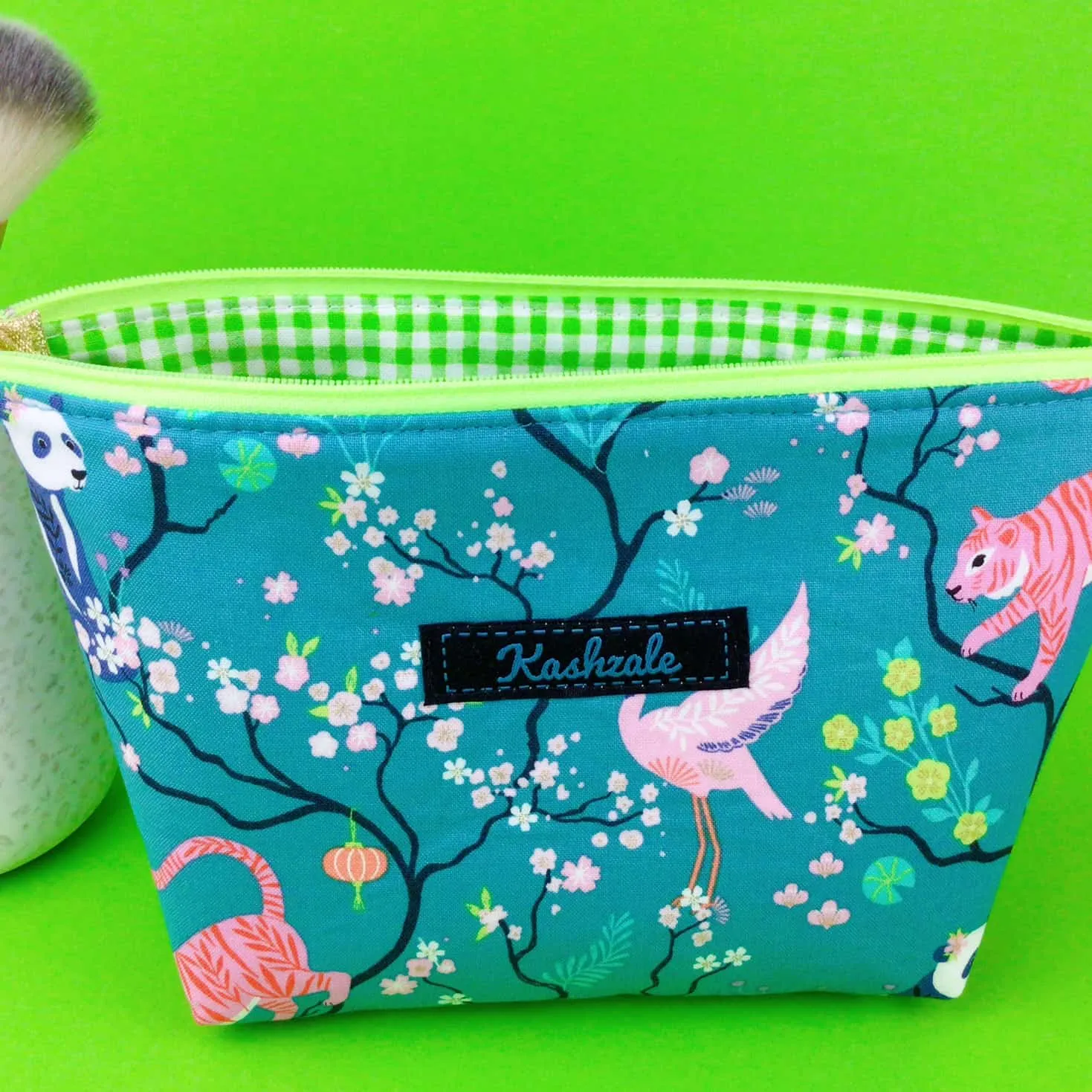 Teal Pandas and Tigers Medium Cosmetic Bag. Teal Cosmetic Bags