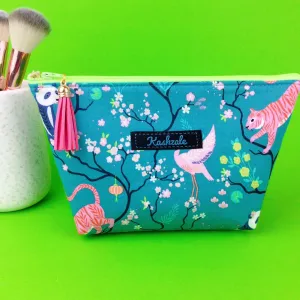 Teal Pandas and Tigers Medium Cosmetic Bag. Teal Cosmetic Bags