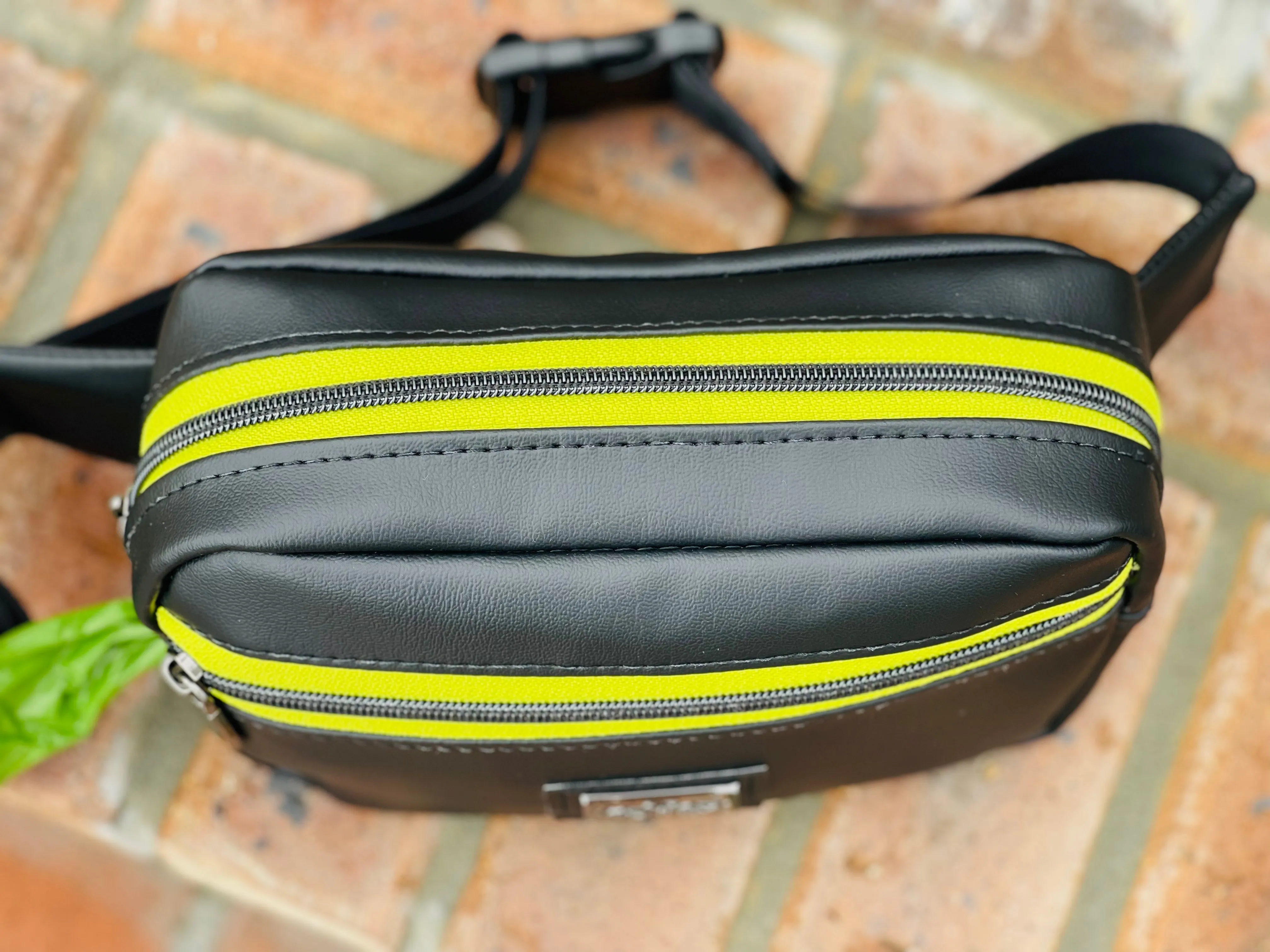 The Joey Dog Walking Bag in Black w/lime green lining