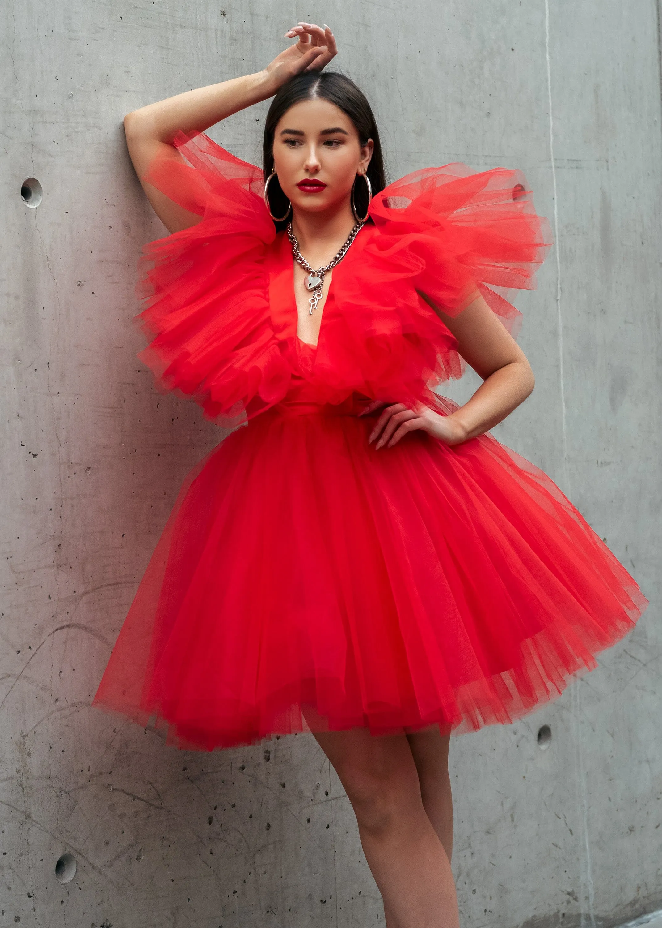 V neck Tulle Mini Dress