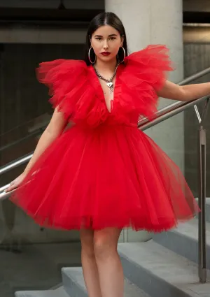 V neck Tulle Mini Dress