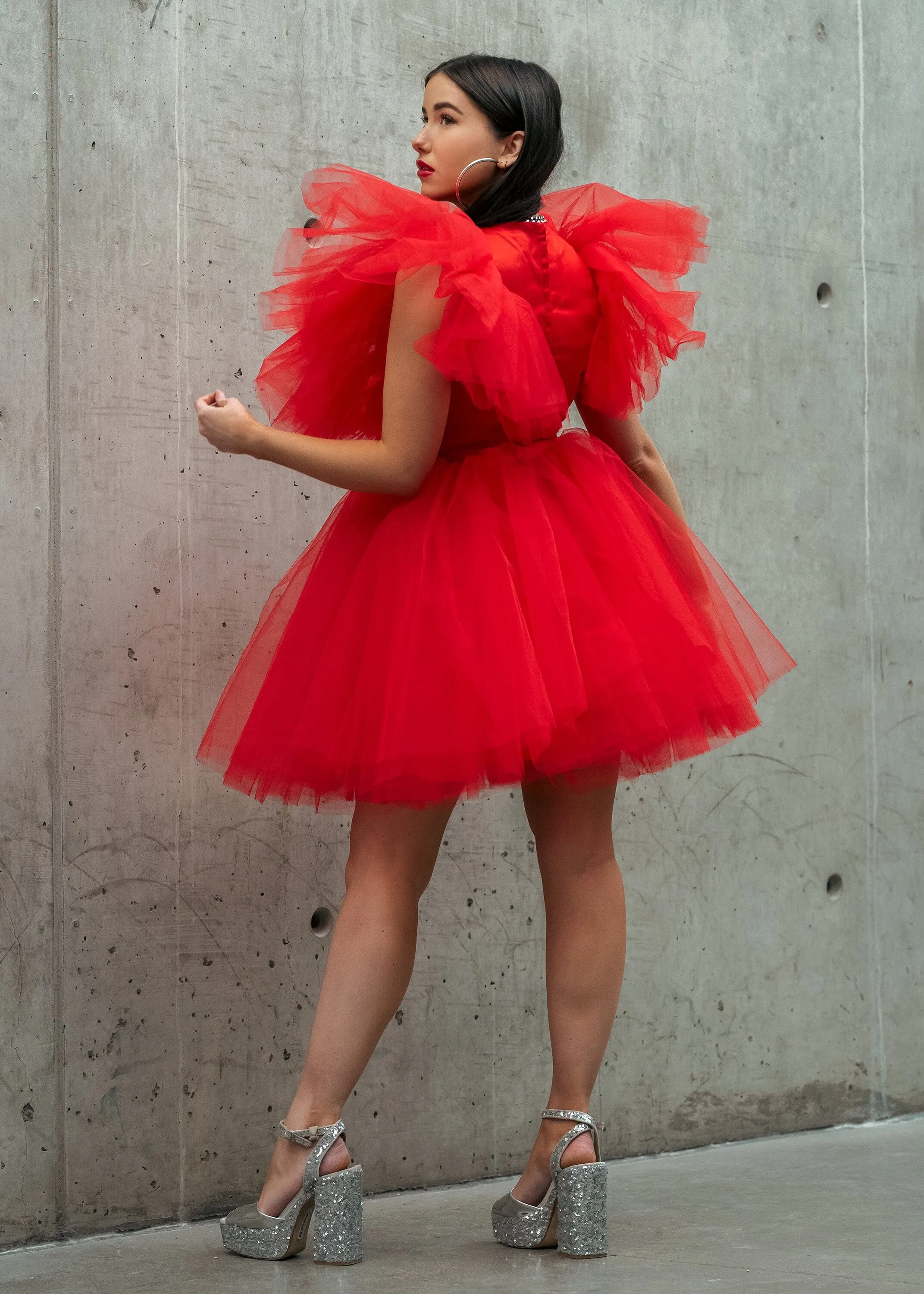 V neck Tulle Mini Dress
