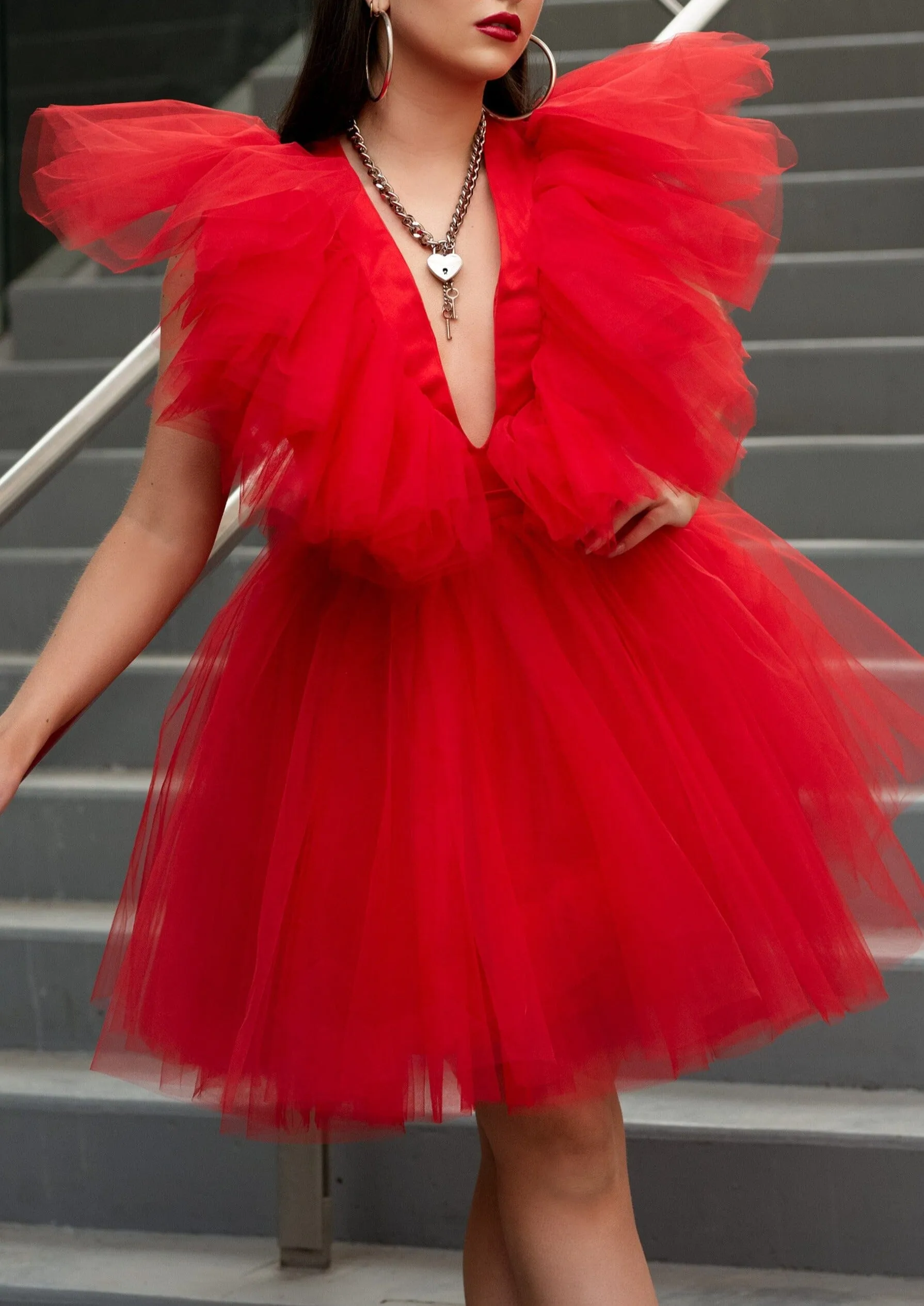 V neck Tulle Mini Dress