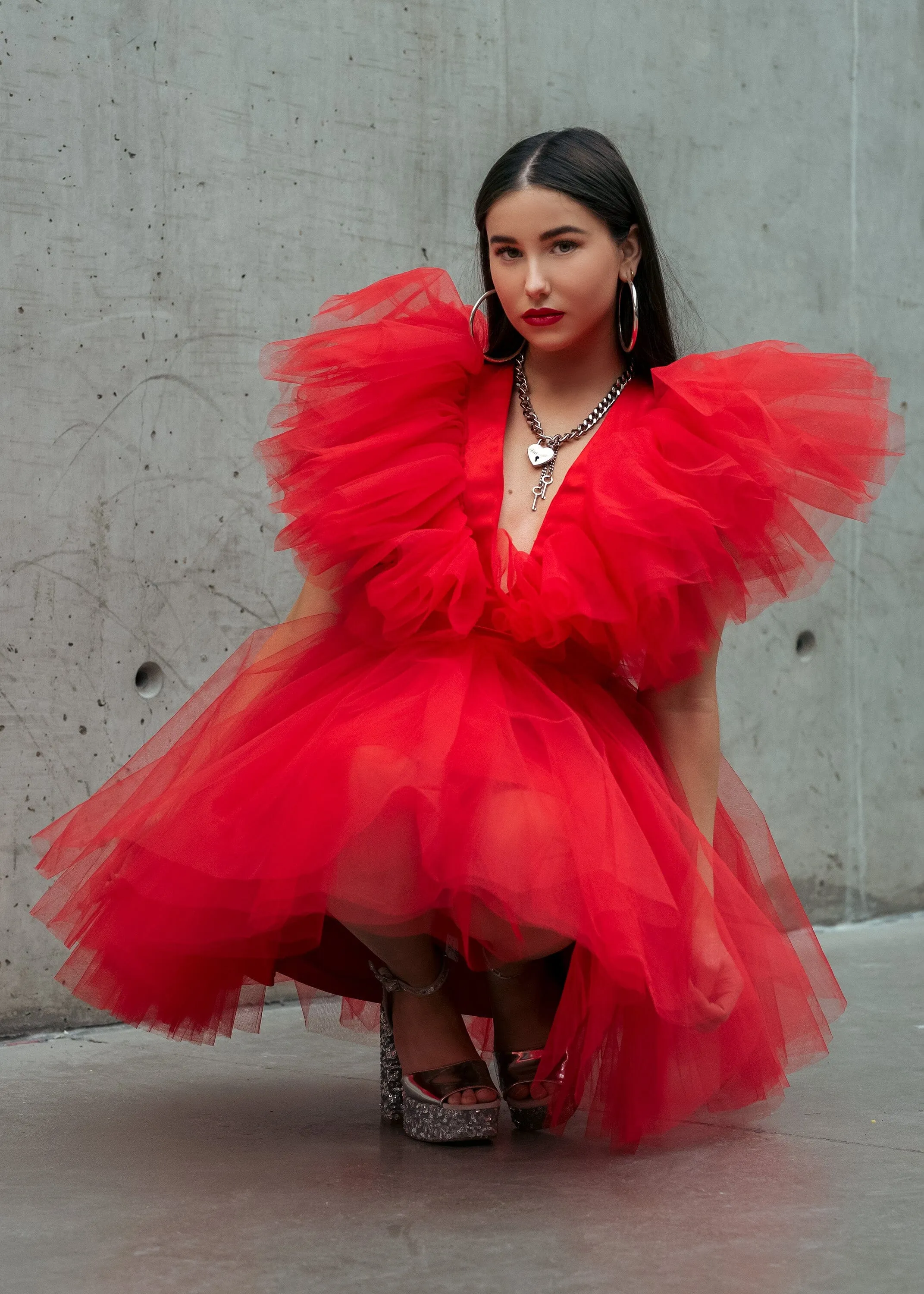 V neck Tulle Mini Dress