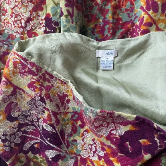 Vintage Anthropologie Odille Gold AccentFloral Print Ruffled Hem Pencil Skirt 8