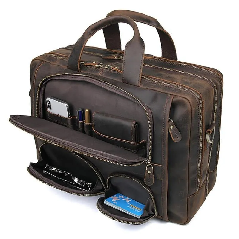 Voyager Leather Jumbo Briefcase 17 inches Laptop Carrying Case for Men