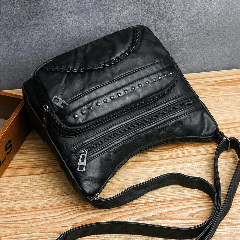 Washed Leather One Shoulder Casual Crossbody Bag