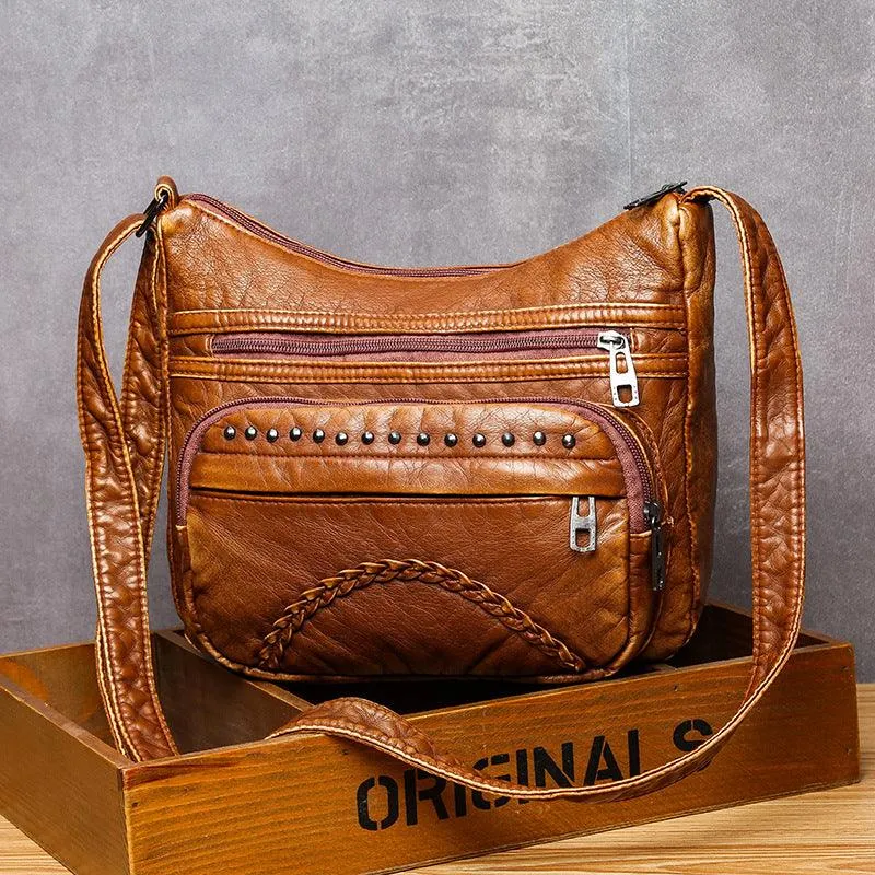Washed Leather One Shoulder Casual Crossbody Bag