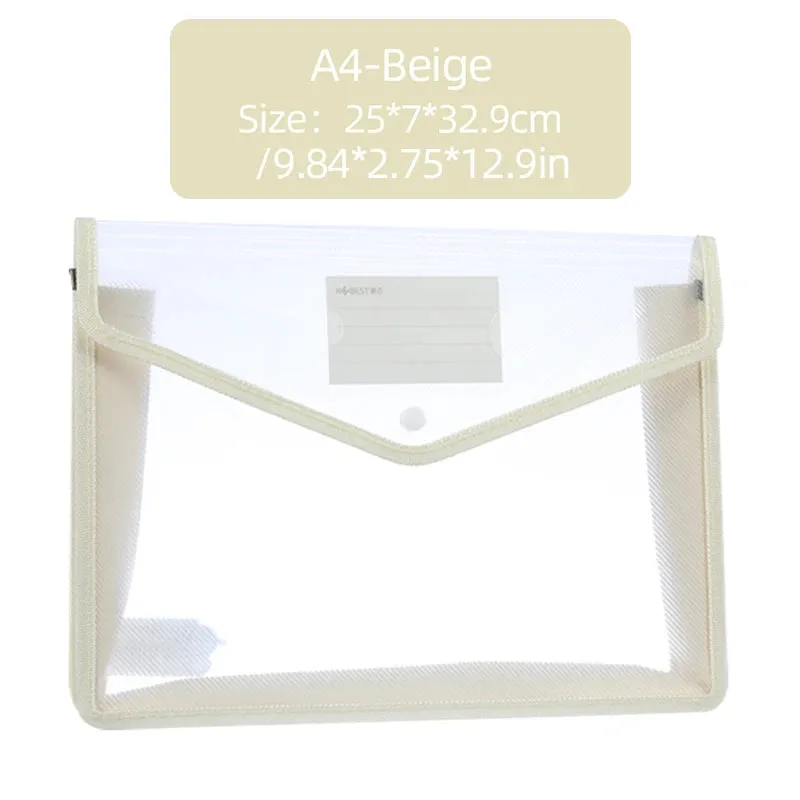 Waterproof A4 Transparent File Folder - Press Button Plastic Document Bag for Office Supplies