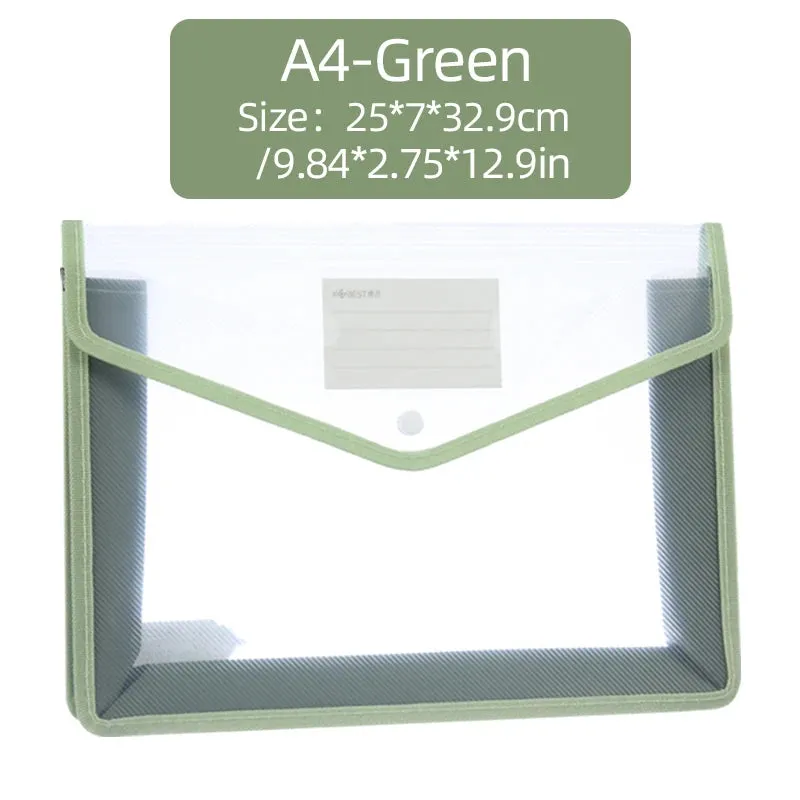 Waterproof A4 Transparent File Folder - Press Button Plastic Document Bag for Office Supplies