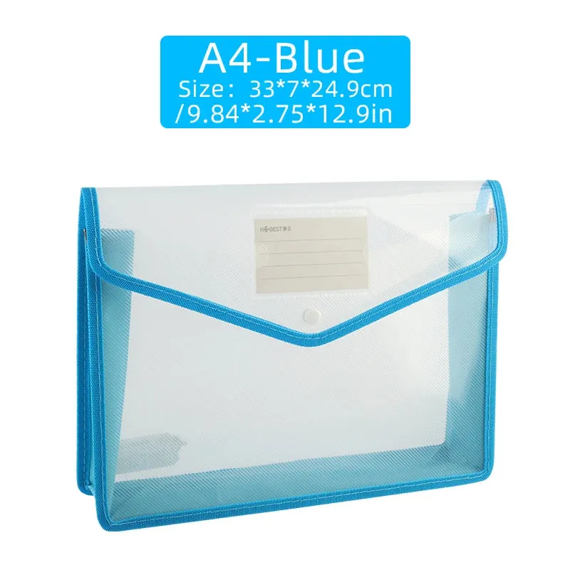 Waterproof A4 Transparent File Folder - Press Button Plastic Document Bag for Office Supplies