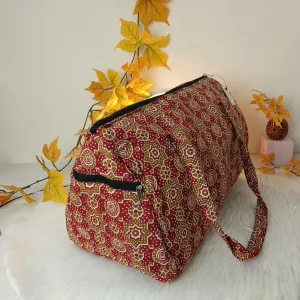 Weekender Travel Bag Maroon with Mustered Floral Design.
