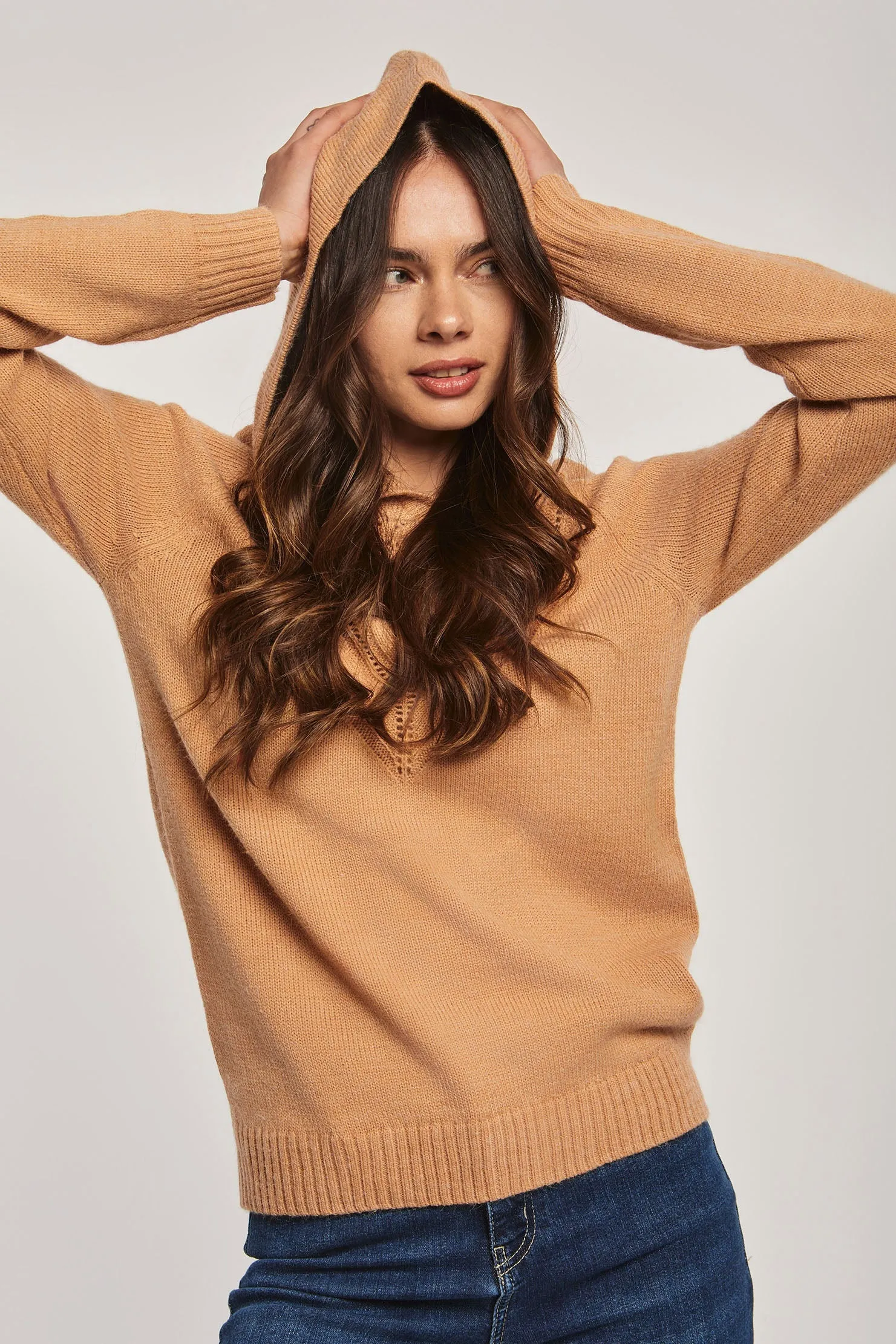 Women Pullover Long Sleeve With Hood Brown
