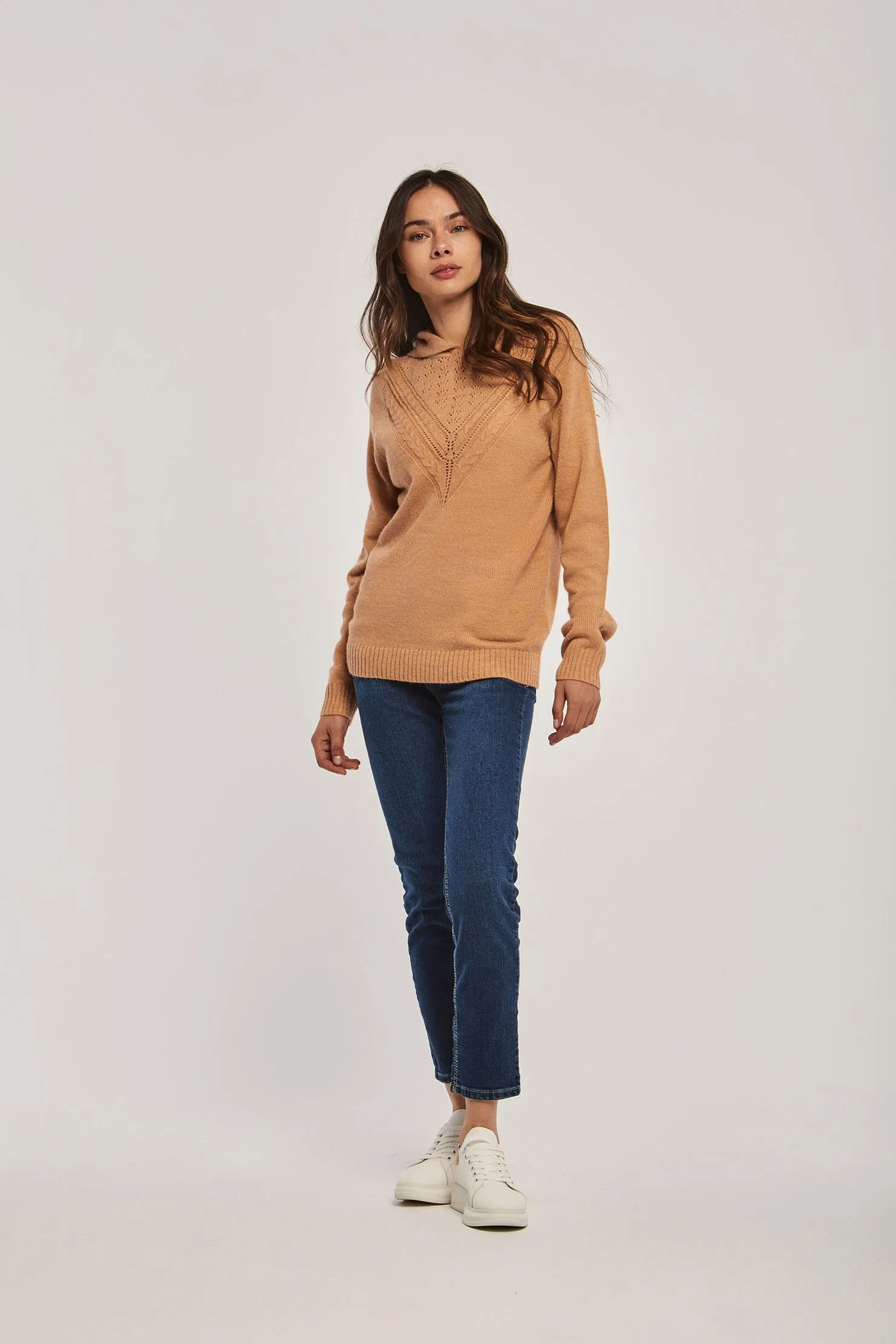 Women Pullover Long Sleeve With Hood Brown