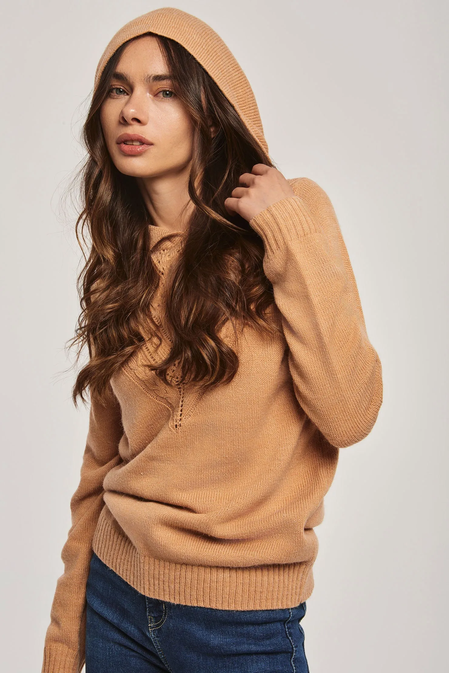 Women Pullover Long Sleeve With Hood Brown