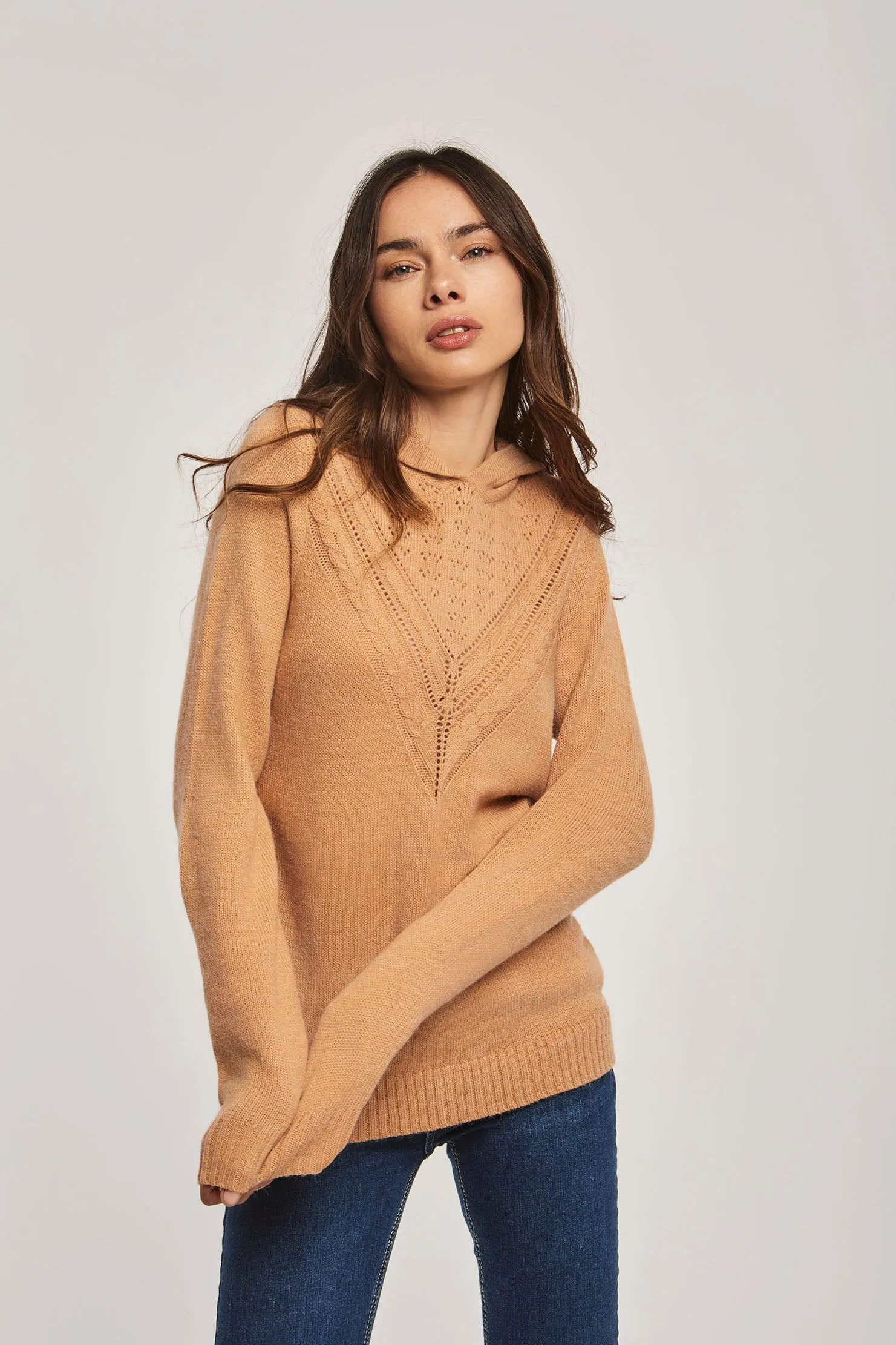 Women Pullover Long Sleeve With Hood Brown