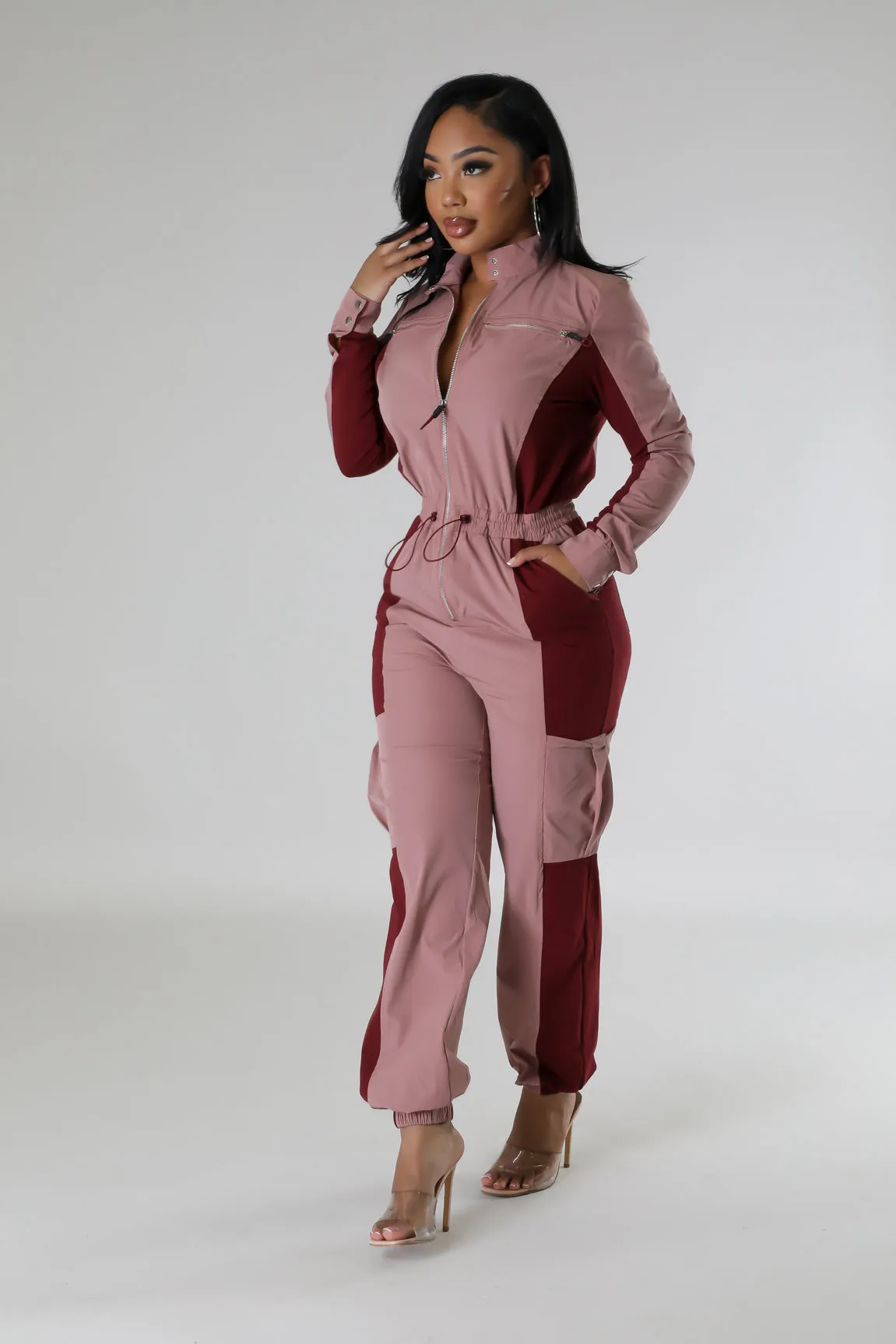 Women's Long sleeve Zipper closure Rose Red Jumpsuit