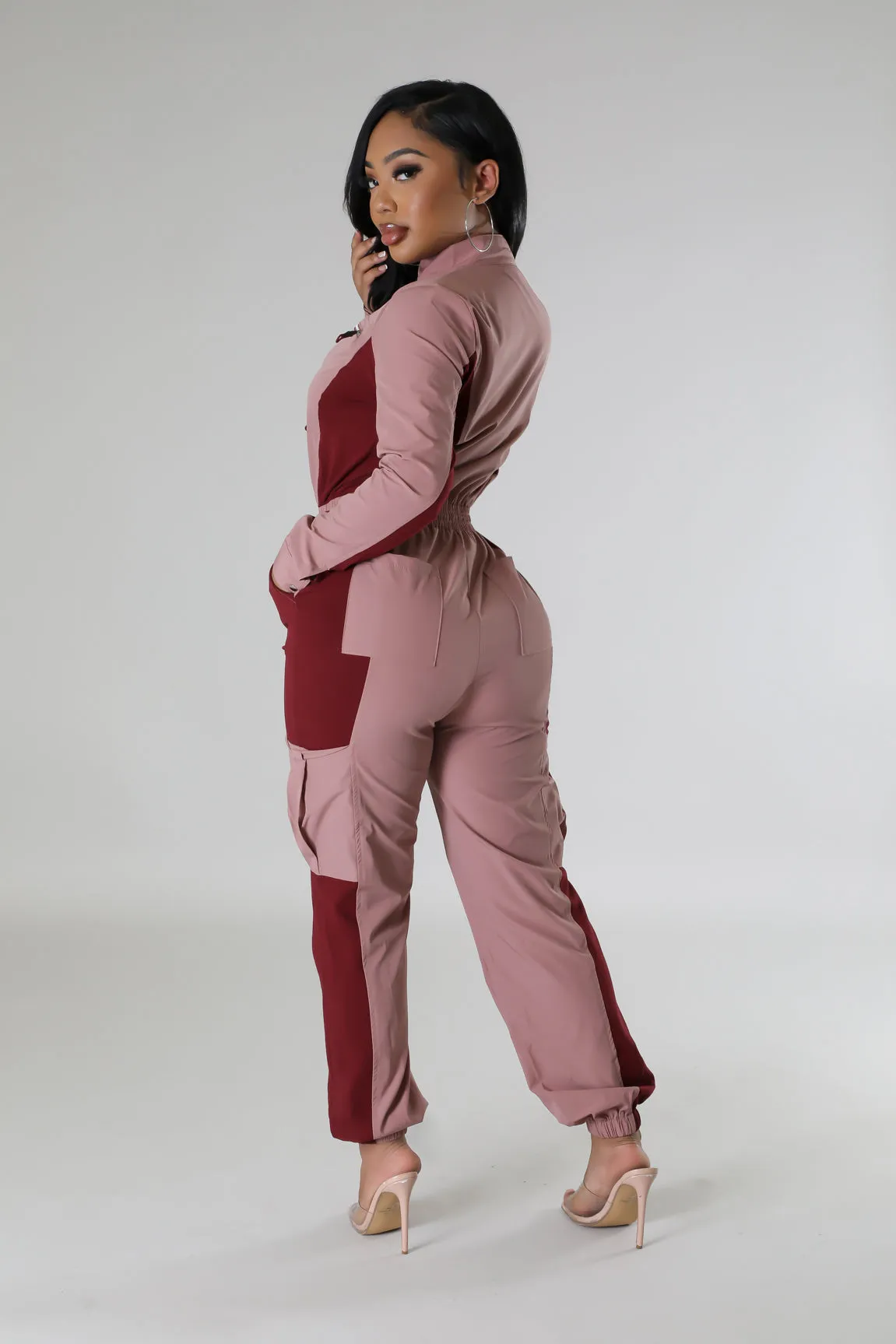 Women's Long sleeve Zipper closure Rose Red Jumpsuit