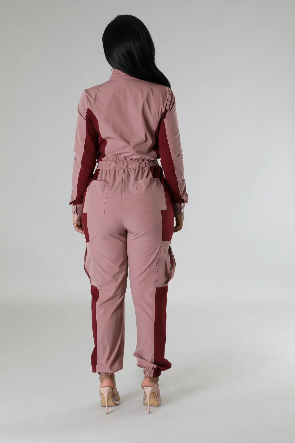 Women's Long sleeve Zipper closure Rose Red Jumpsuit