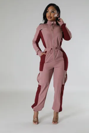 Women's Long sleeve Zipper closure Rose Red Jumpsuit